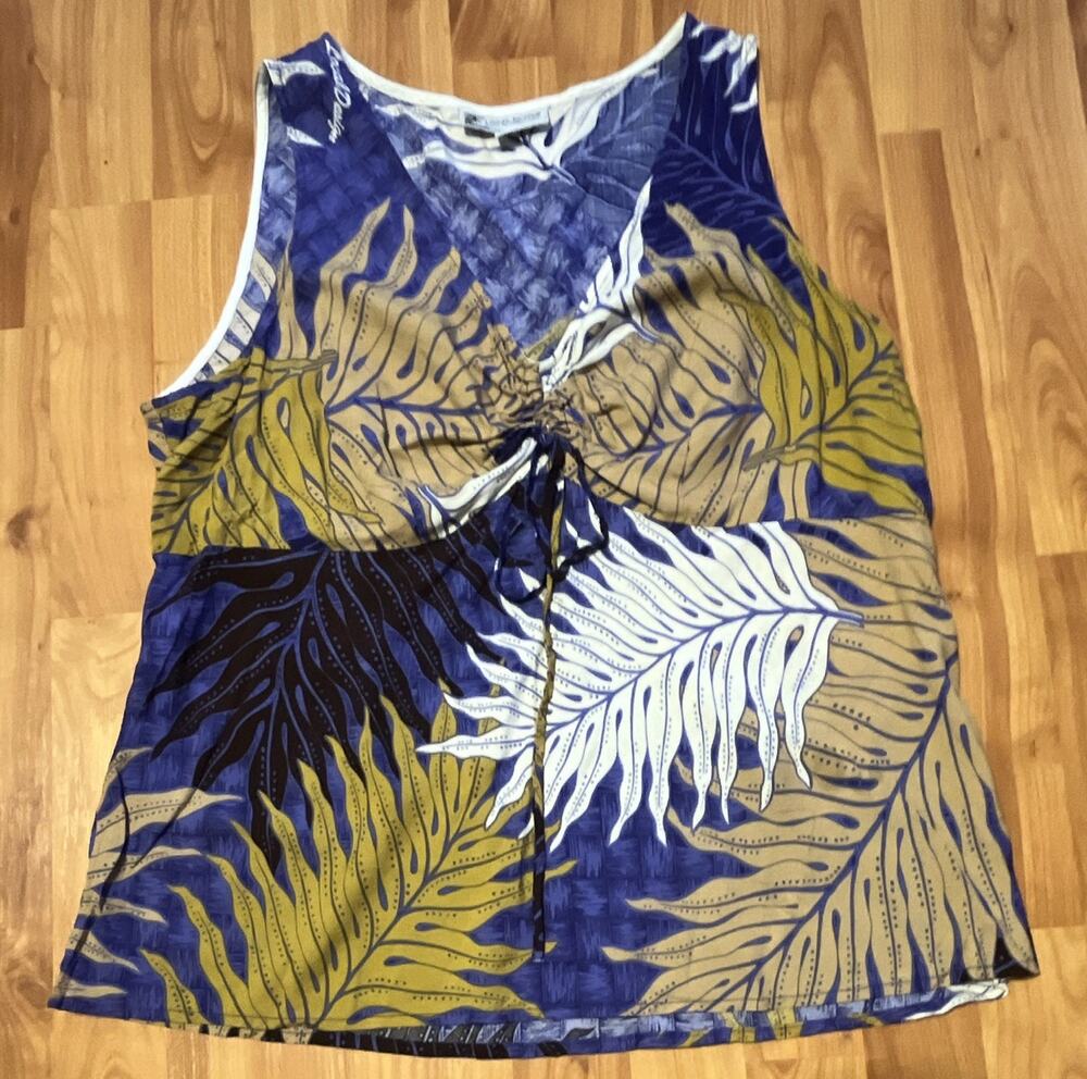 Local Design Women's XL Tank Top Blue/Tan/White/Black Tropical Drawstring